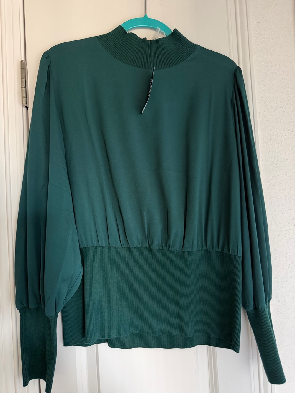 WHBM Women's Dark Teal Long Sleeve Mock Neck Blouse